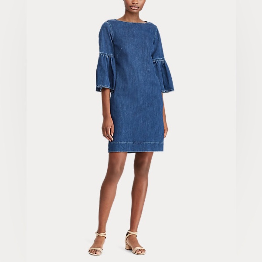 Ralph Lauren Women Denim Bell-Sleeve Shift Mini Dress Blue Size 6 Flounce - Picture 3 of 15